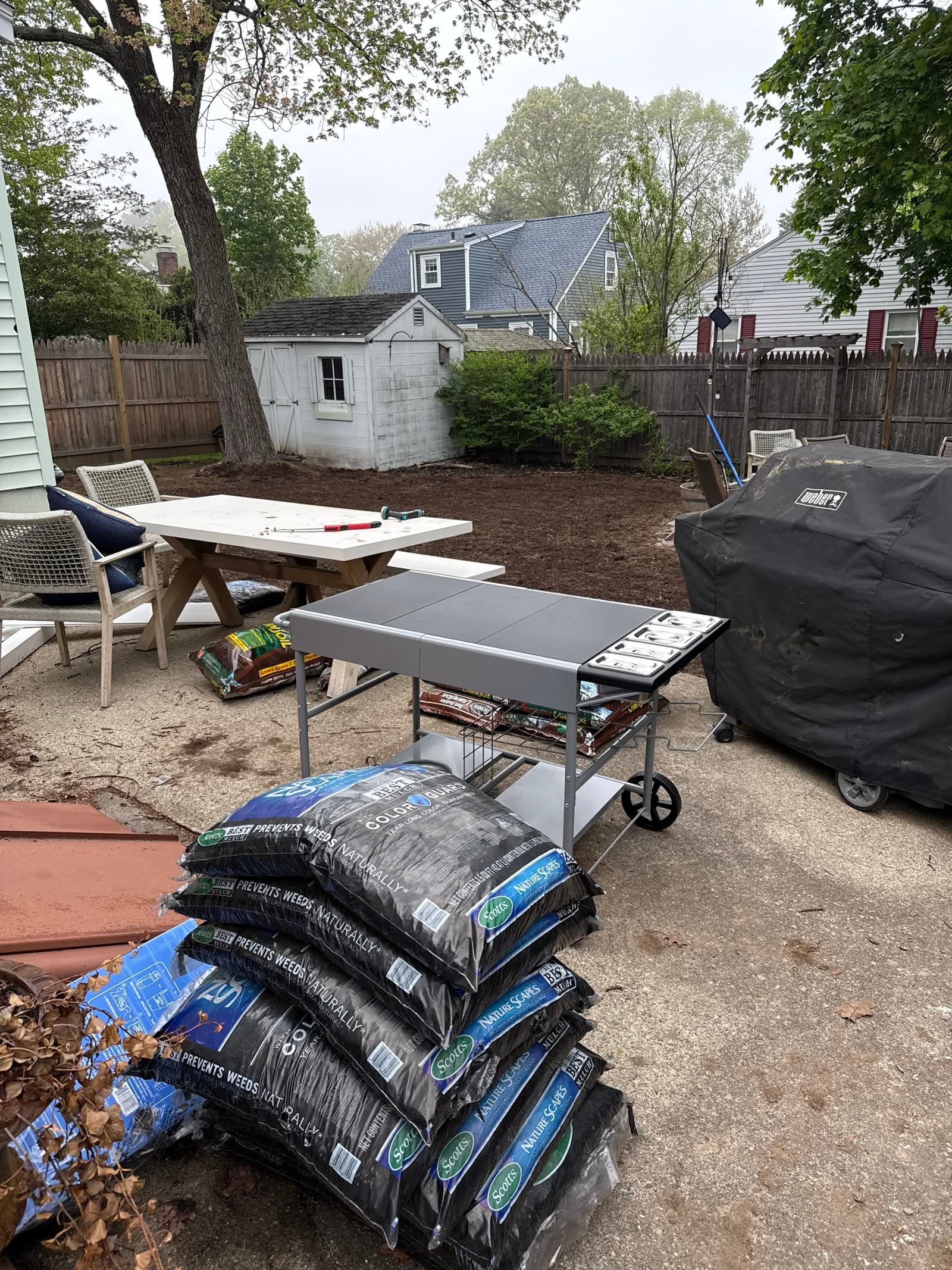 Backyard before patio updates, with shed, fence, trees, and bare ground.